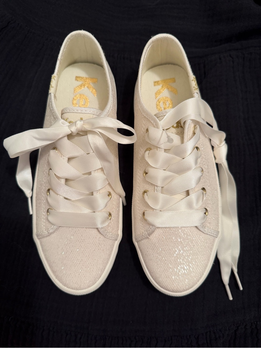 Keds Little Girl Ivory Kickstart Celebrations Sparkle Satin Ribbon Sneakers